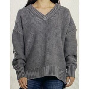 Free People Alli Oversized‎ V-Neck Sweater Titan Grey Chunky Knit Size M
